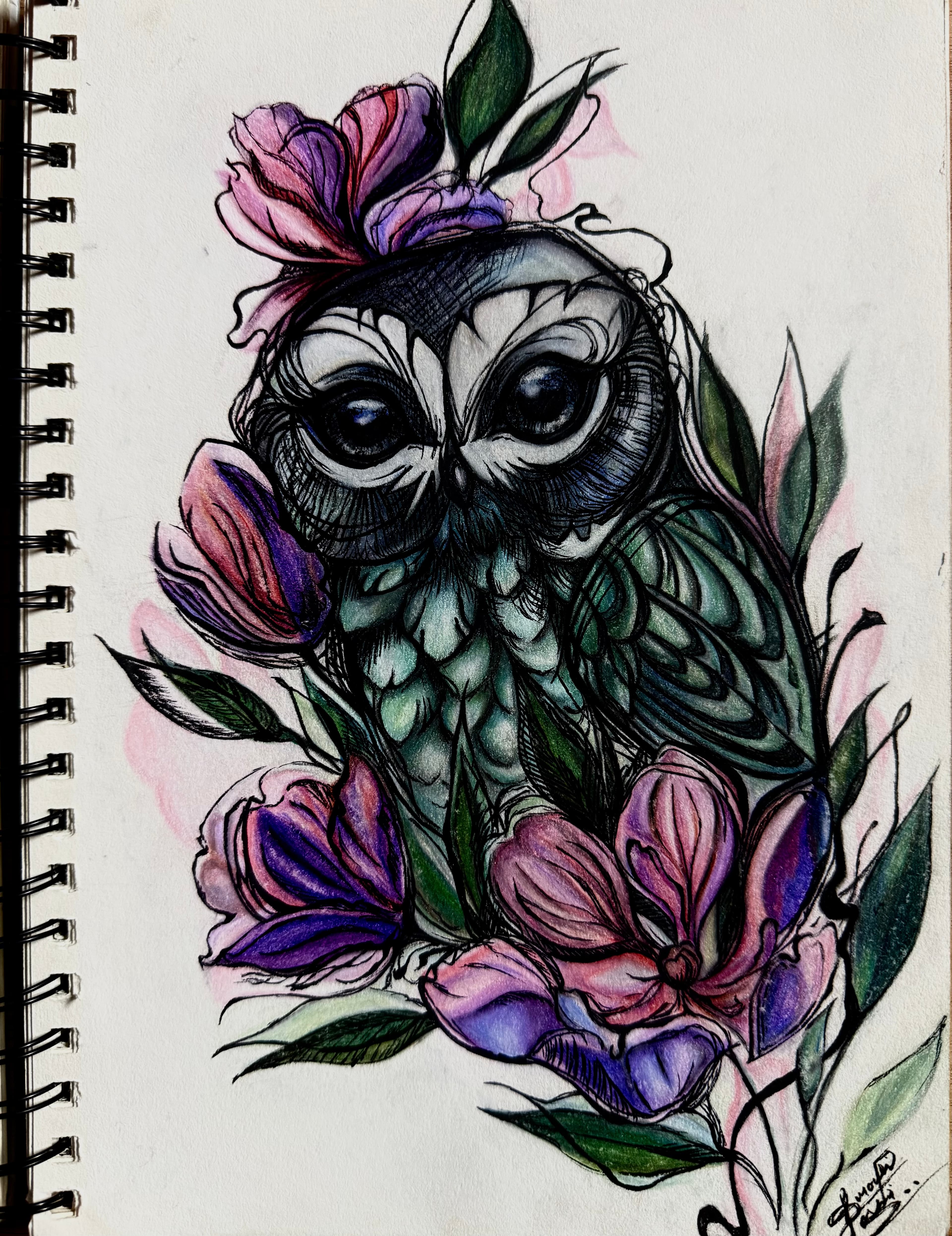 Color drawing of a dark owl nestled among purple and pink flowers