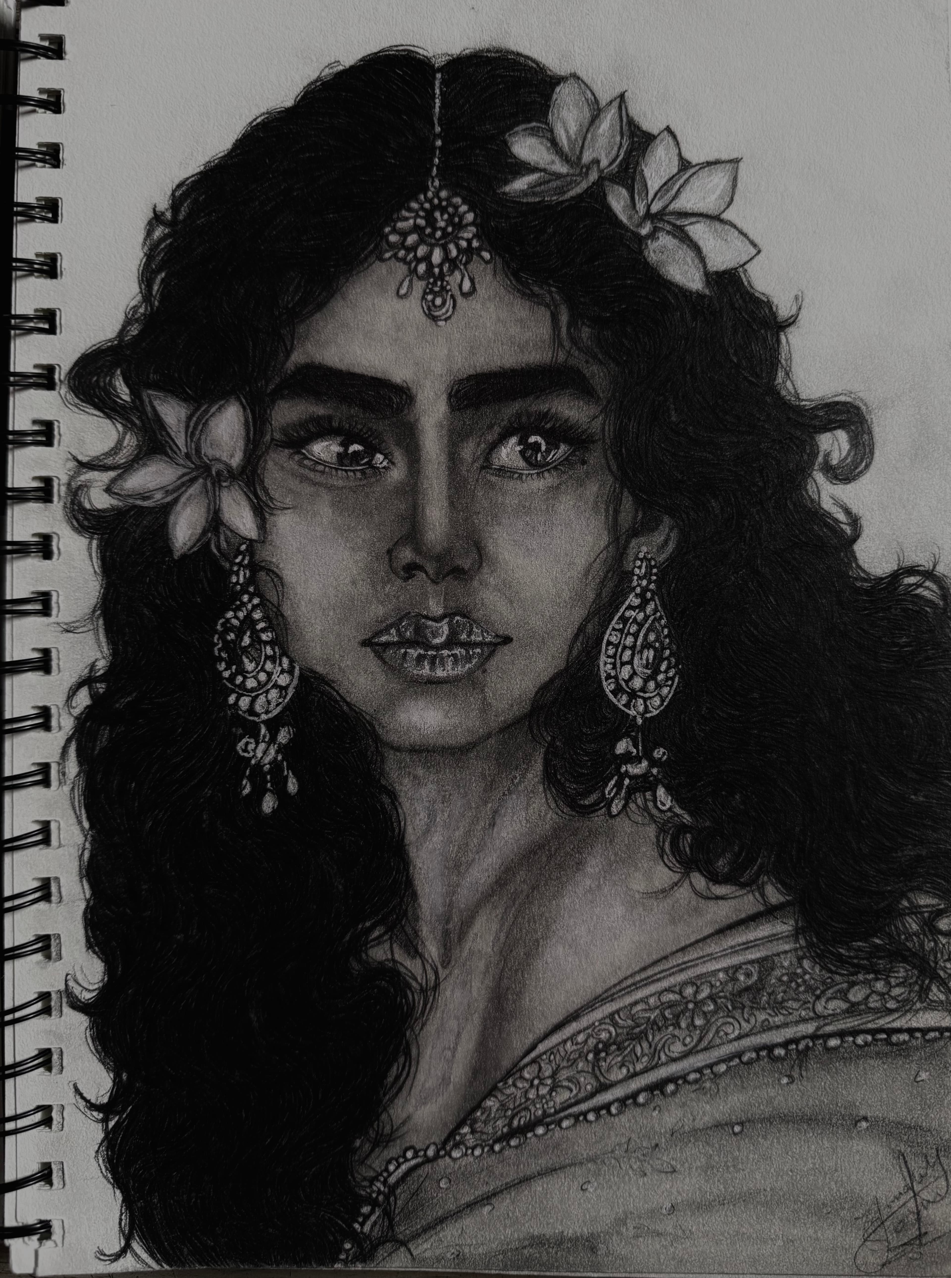 Graphite portrait of a woman with flowers in her curls and ornate traditional jewelry